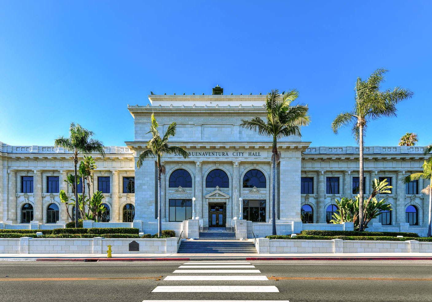 Front entrance to the historic Ventura City Hall building in Southern California.