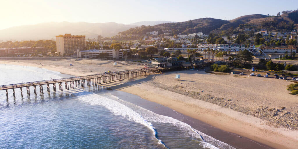 Aerial view of the public San Buenaventura Pier in Ventura, California.